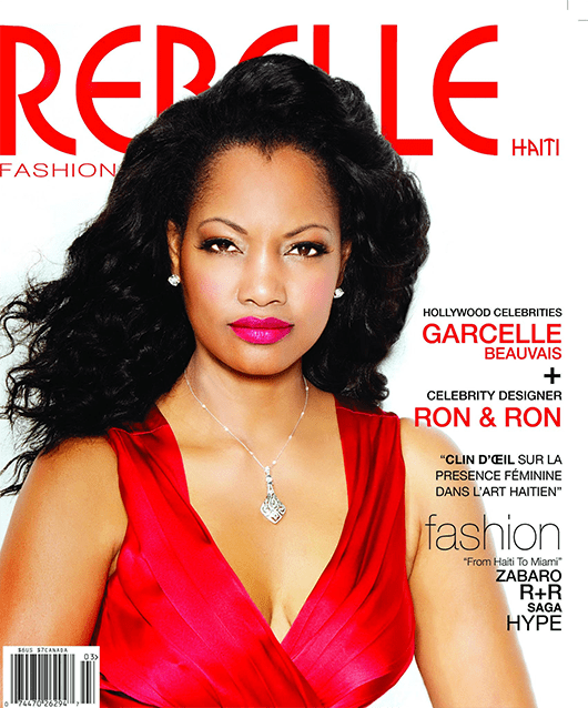 A woman in a red dress on the cover of rebelle fashion magazine.